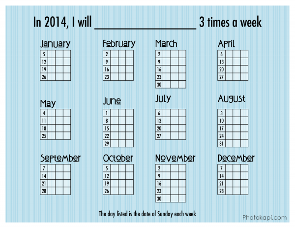2014 3 times a week Goal Calendar