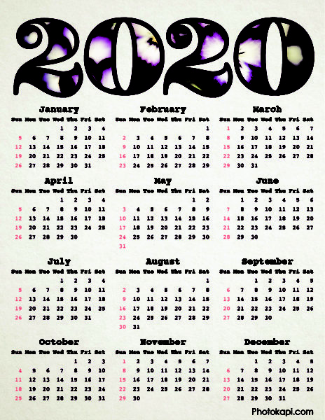 2020 Single Page Calendars – Photokapi.com